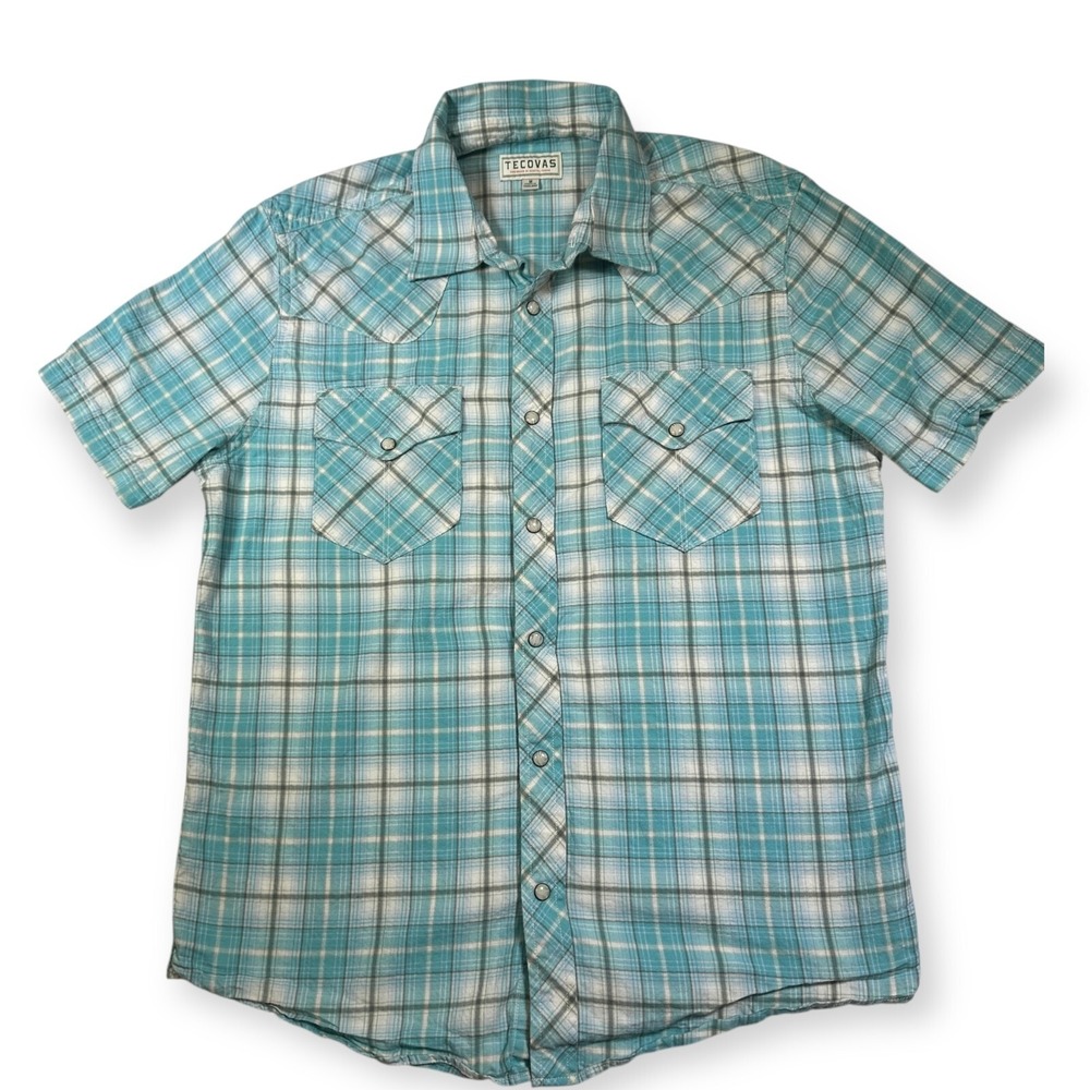 Tecovas Men's Blue Plaid Shirt Size M Western/Cowboy Pearl Snap Short Sleeve